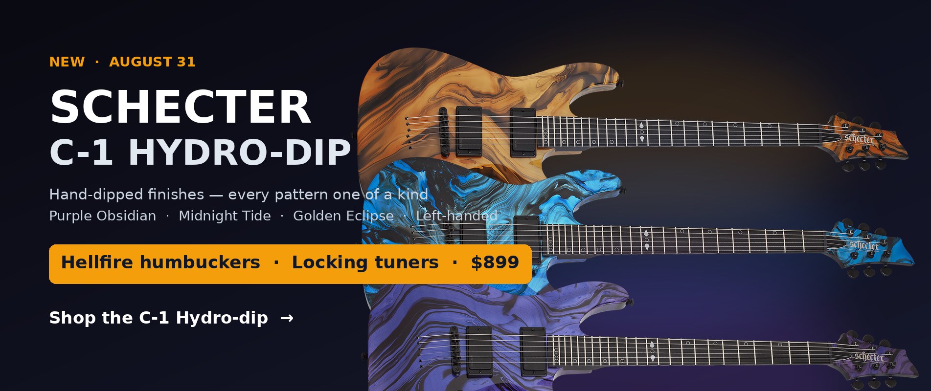 New Schecter C-1 Hydro-dip in Purple Obsidian, Midnight Tide and Golden Eclipse - $899 at Studio Gears